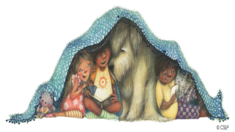 3 children and a big scruffy white dog huddled under a blue blanket reading a book.