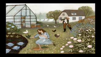 Picture of man and woman working on a homestead. 