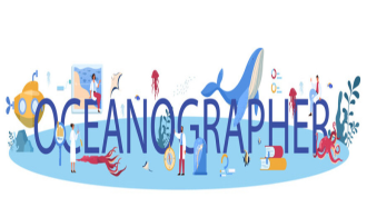 The word oceanographer with whales, jellyfish, submarines, and scientists 