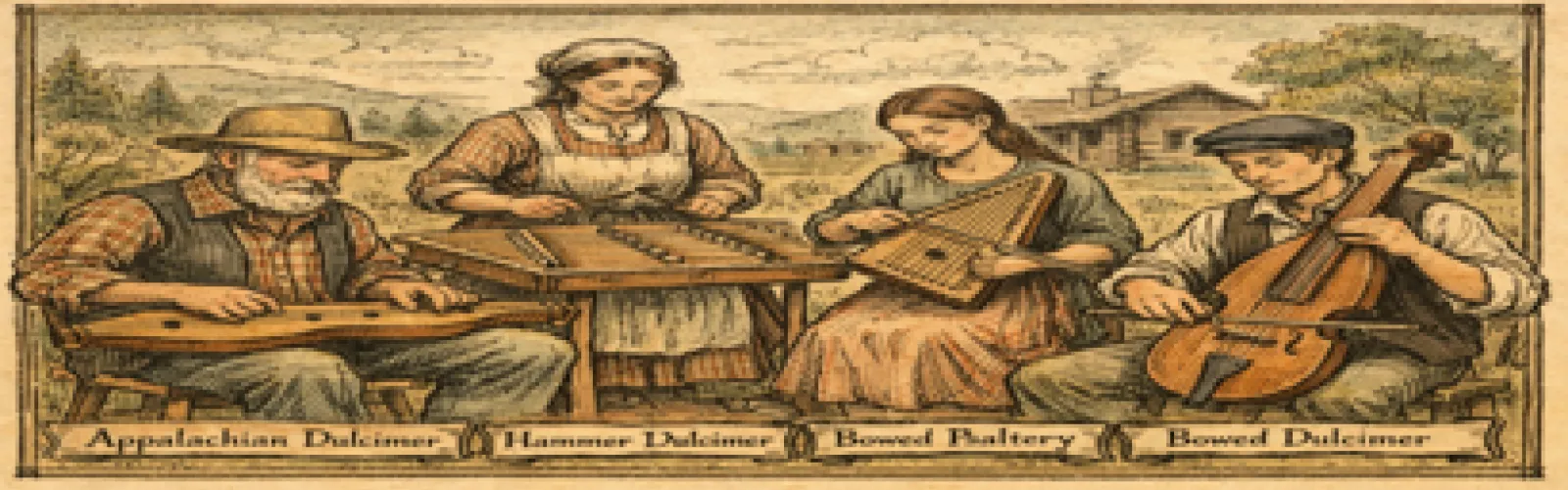 A man, woman, and two children sitting and playing different types of dulcimers.