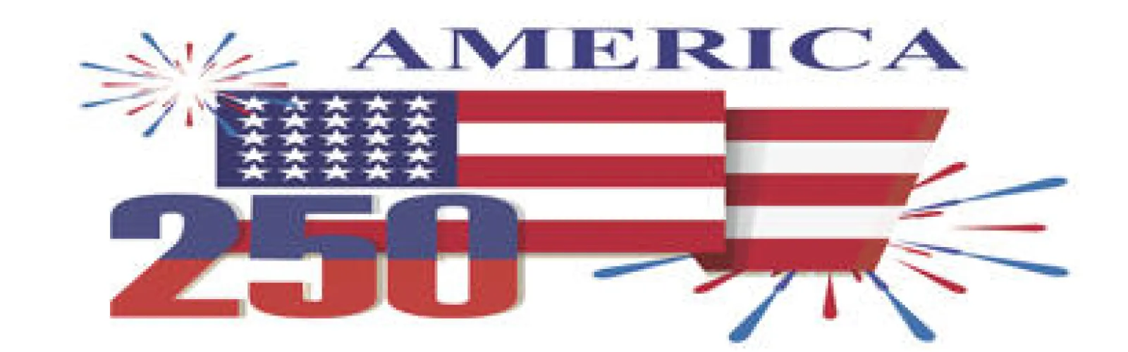 A flag of the United States of America with the word America above it and the numbers 250 below it and fireworks behind the flag.