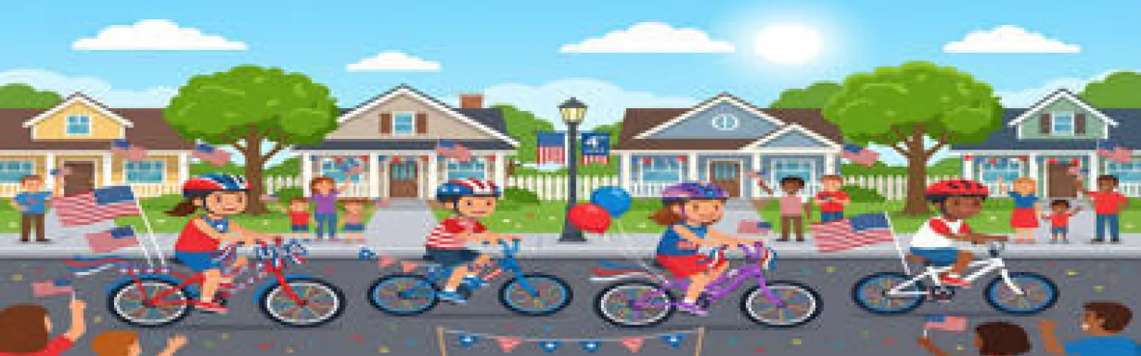 4 children riding their bikes in a parade decorated with red, white and blue decorations.
