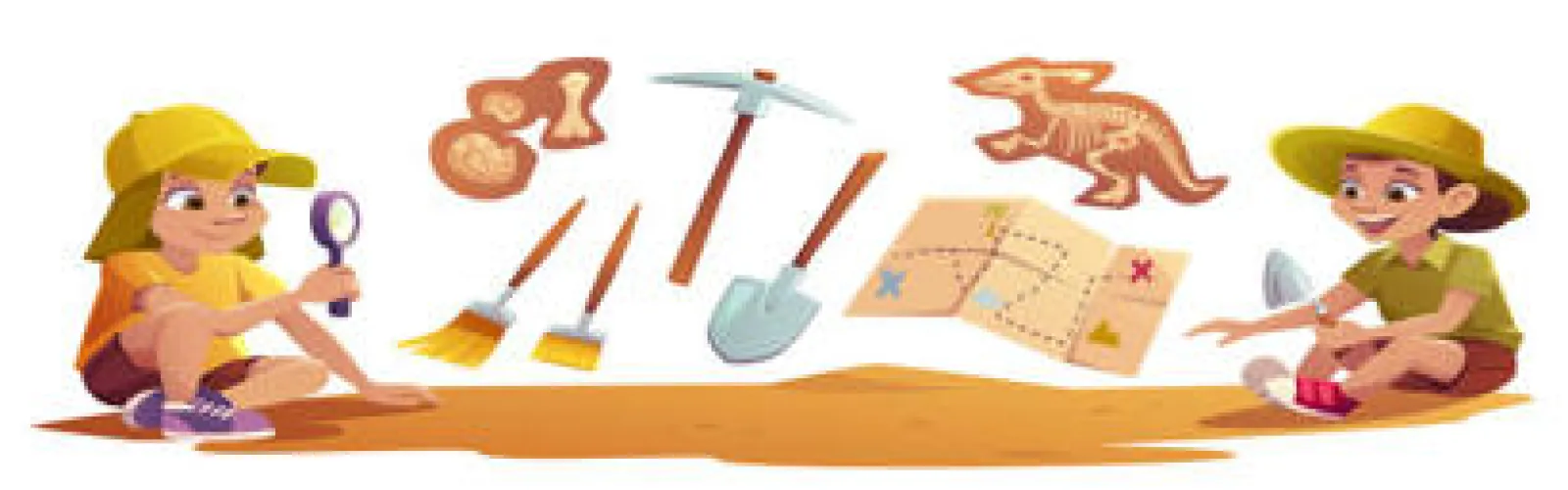 A girl and a boy searching for fossils. They have a map, pick axe, shovel, and some brooms.