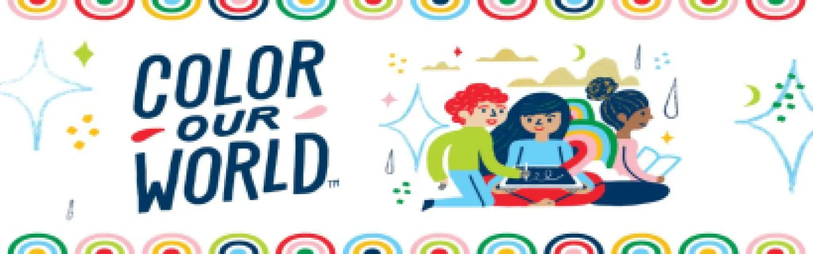 The words Color our World with a group of children sitting beside the words drawing and reading. There are rainbows bordering the edges of the picture.