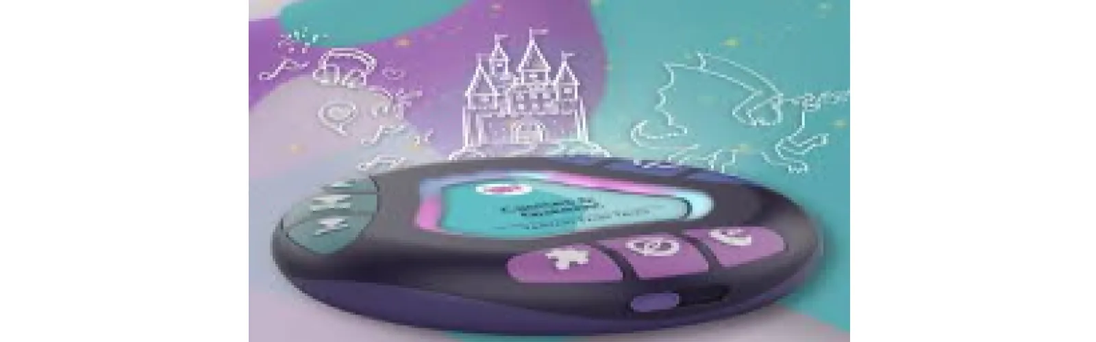  A circular speaker with 3 buttons in the front and 3 buttons on each side. There is music, a castle, and a dragon in the background.