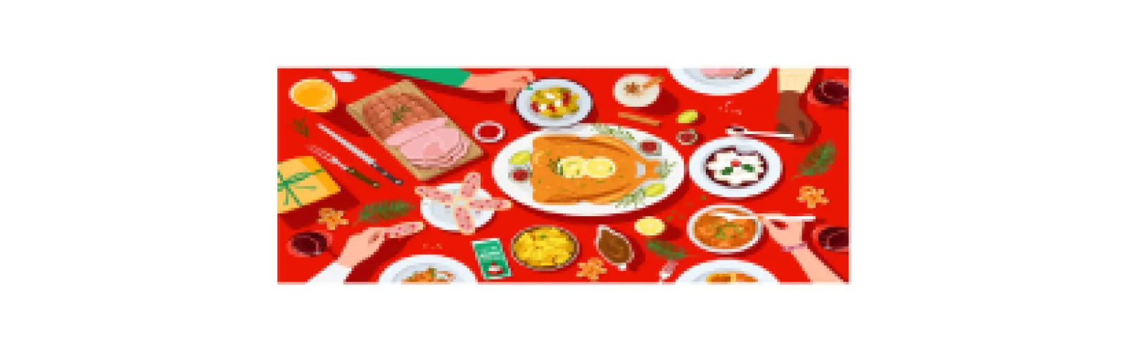 A table set with turkey, ham and other traditional holiday foods.