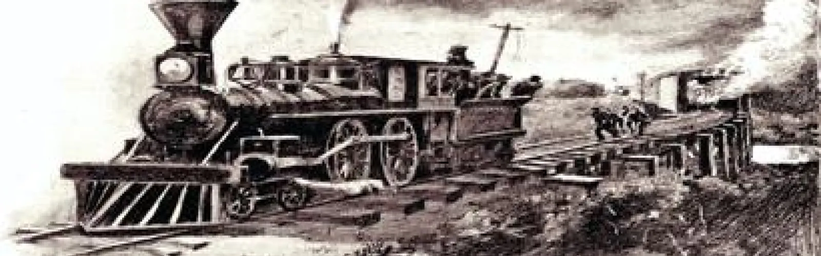 Black and white picture of an old steam locomotive on tracks with people running behind the train. There is a train car on fire in the background.