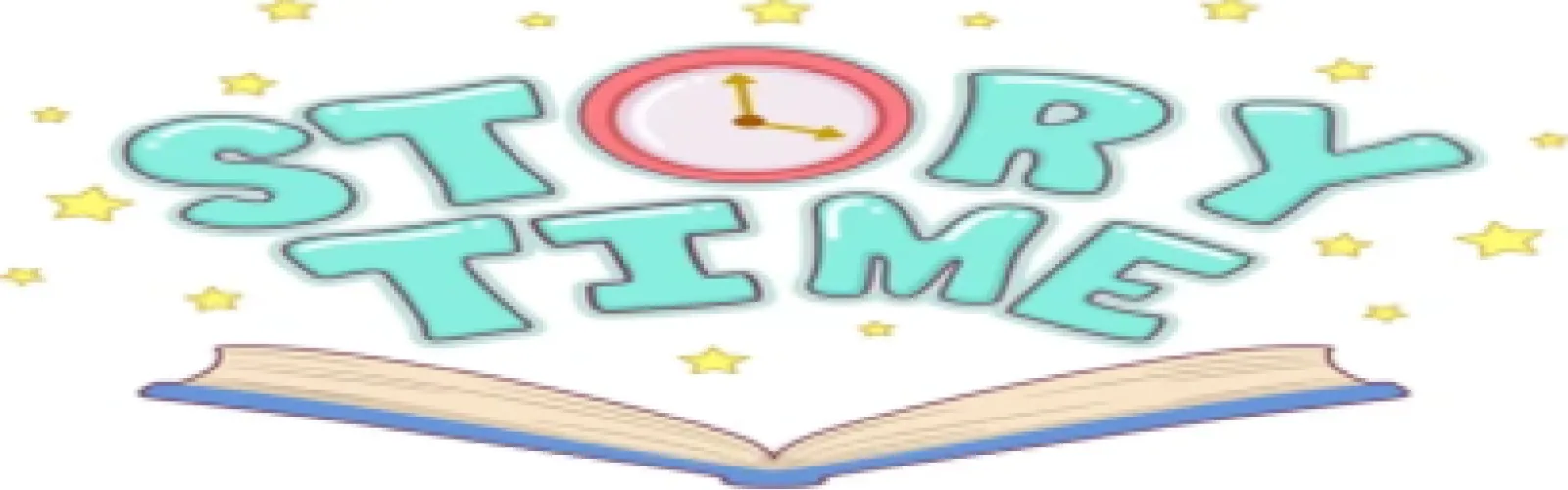 An open book with the words story time popping up out of it with a clock representing the O in story.