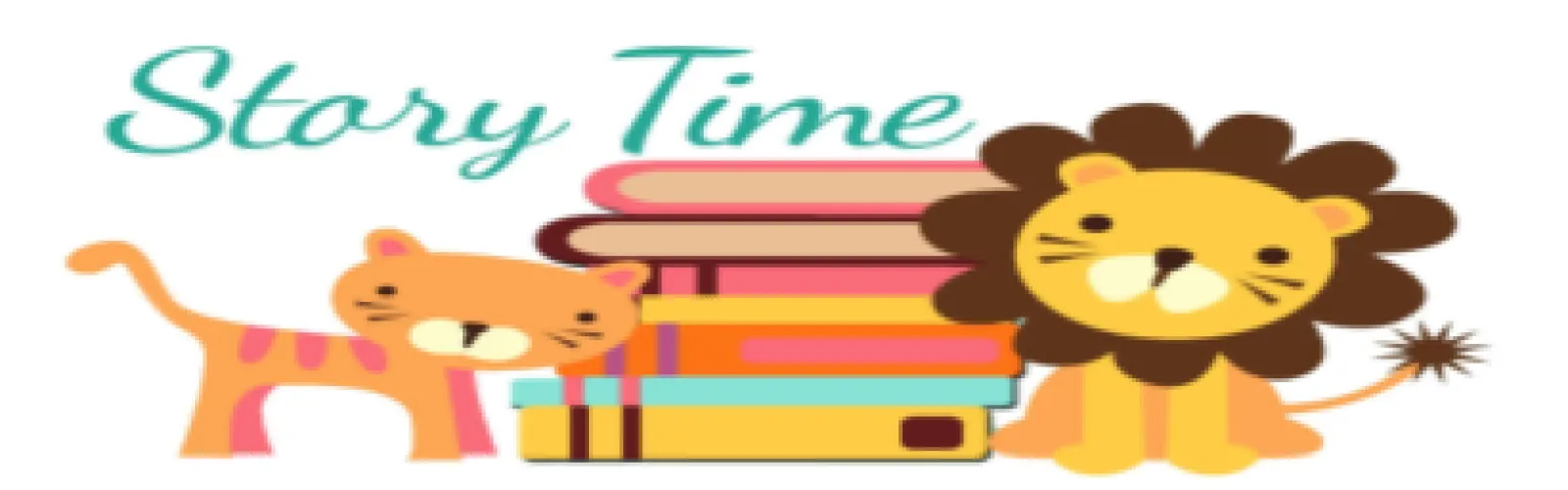  A cartoon tiger and lion sitting by a stack of books with the words Story Time above them.